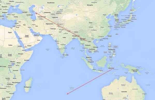 Les deux zones de recherches concernant le vol MH370
