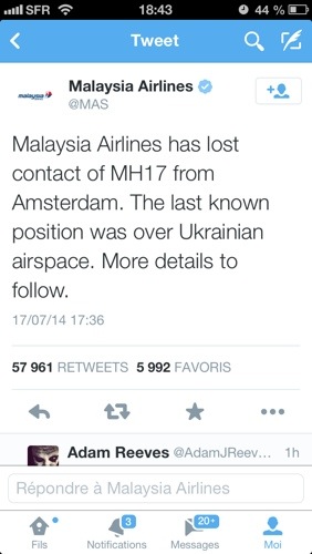 un communiqué via twitter de la Malaysia Airlines