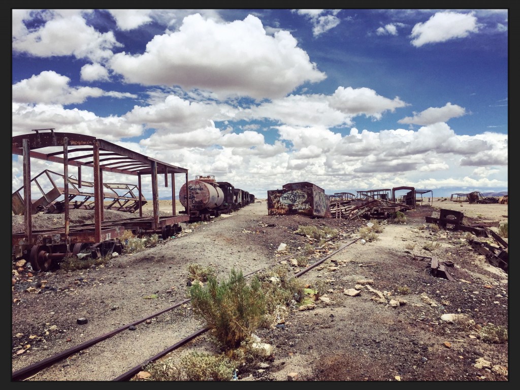 Le cimetière des trains, quelques wagons dessosés attendent les effets de la corrosion et de la rouille pour disparaître et pour retourner à la terre