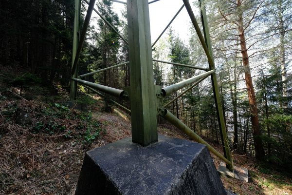 Au pied d'un pylône dans une forêt suisse
