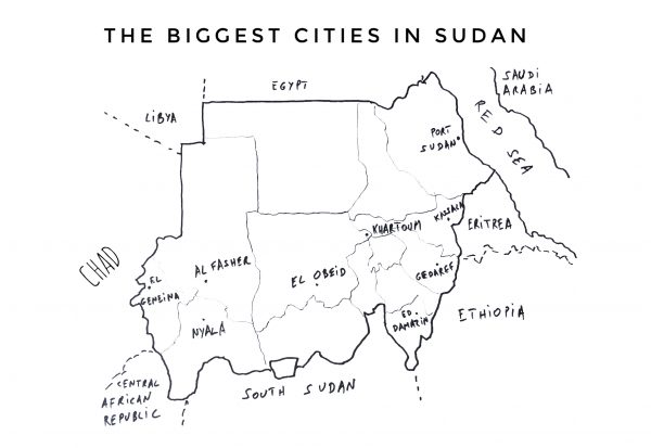 The map of Sudan with its largest cities